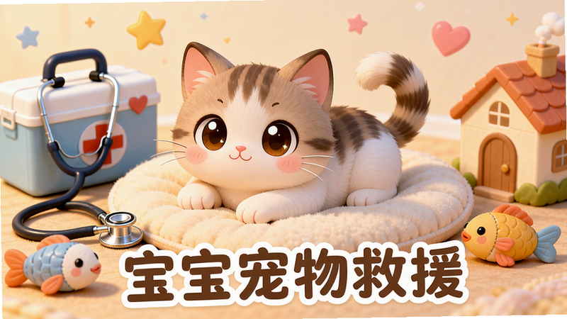 主体:一只可爱的卡通小猫躺在柔软的垫子上,旁边摆放着医疗箱和玩具鱼;布局:猫咪居中,左侧有听诊器,右侧有小房子;排版:画面下方居中显示文字“宝宝宠物救援”,字体圆润可爱;风格:明亮温馨的童话绘本风格,色彩柔和,光影温暖;细节:小猫眼睛大而闪亮,尾巴卷曲,背景有星星和爱心装饰;画质:4K超高清,干净柔和的质感,无多余元素。