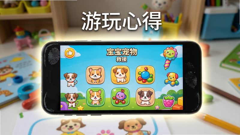 主体:一部手机屏幕显示宝宝宠物救援游戏主界面,画面上有各种宠物图标和玩具;布局:手机居中,屏幕内容清晰可见,四周有柔和的光晕;排版:手机上方显示“游玩心得”四个字;风格:写实手机与卡通游戏界面对比,色彩明亮;细节:手机边缘有指纹痕迹,背景是儿童书桌;画质:超清,无多余元素。