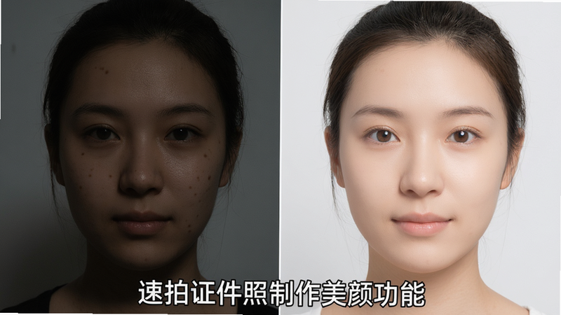 主体:人像美颜前后对比,布局:左右半屏,左半为原始素颜照(皮肤有瑕疵、光线暗),右半为美颜后效果(皮肤光滑、眼神明亮),排版:清晰分割线,底部标注“速拍证件照制作美颜功能”,风格:写实对比,细节:右半人物自然无磨皮过度感,画质:高分辨率,干净背景。