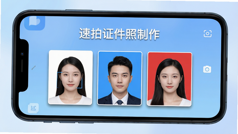主体:一款名叫“速拍证件照制作”的安卓手机应用界面,布局:手机屏幕居中展示,背景为柔和的渐变蓝色,排版:顶部显示应用名称“速拍证件照制作”,下方有三张不同规格的证件照样片(白底、蓝底、红底),风格:扁平化现代设计,细节:照片边缘有轻微阴影,画质:高清纯净,无多余元素。