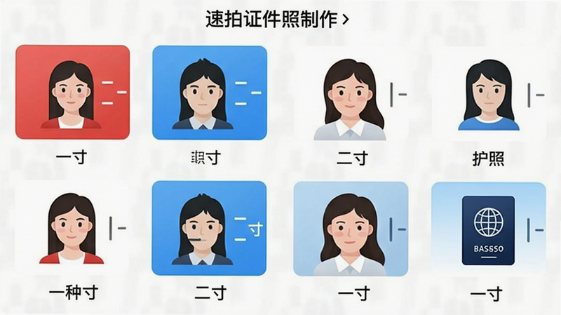 主体:速拍证件照制作的规格模板选择界面,布局:网格排列多个证件照图标,每个图标下方标注尺寸名称(如一寸、二寸、护照),排版:整齐的九宫格风格,当前选中“一寸”高亮显示,风格:清新简约,细节:图标为不同底色(红蓝白),画质:干净明亮,无多余文字。