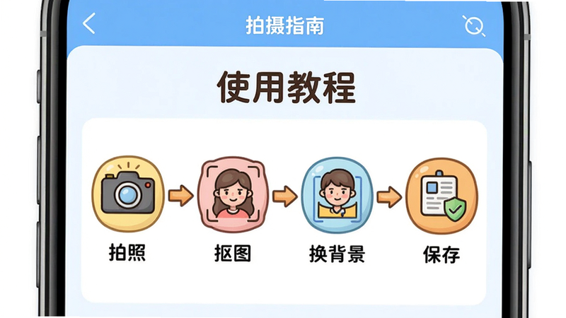 主体:手机屏幕显示速拍证件照制作应用内“拍摄指南”页面,布局:页面顶部有“使用教程”标题,下方四个步骤图标(拍照、抠图、换背景、保存),排版:从左到右箭头连接,风格:卡通插画教学风格,细节:每个图标旁有简要文字说明,画质:干净明亮,无多余元素。