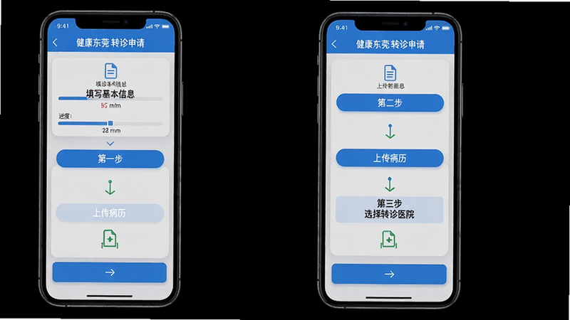 主体为手机界面展示“健康东莞”转诊申请页面,布局分步骤:第一步“填写基本信息”、第二步“上传病历”、第三步“选择转诊医院”,背景为浅灰色,按钮使用蓝色,细节包括进度条、文件上传图标,画质干净,无多余元素,屏幕顶部显示“健康东莞 转诊申请”。