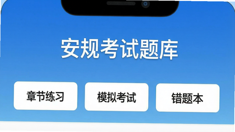 一张手机屏幕截图,显示安规考试题库主界面,顶部有“安规考试题库”标题,下方有“章节练习”、“模拟考试”、“错题本”等按钮,背景为蓝色渐变,界面简洁清晰,画质高清,无多余元素
