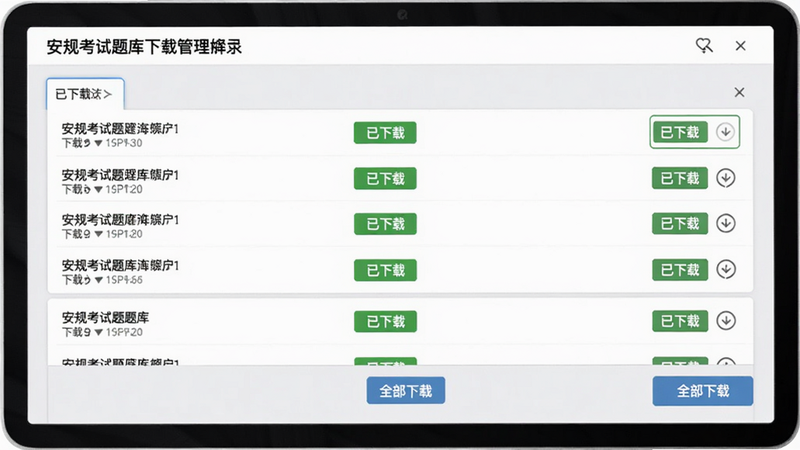 安规考试题库下载管理界面,显示已下载的题库列表,每个题库旁有“已下载”绿色状态标识,底部有“全部下载”按钮,背景为浅灰色,界面简洁清爽