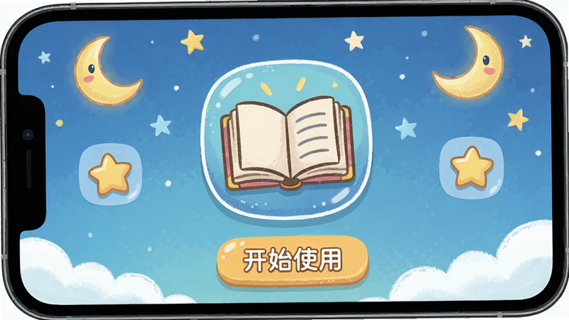 主体:手机屏幕显示童话故事全集安装完成后的主界面,布局:中间是图标,周围有“开始使用”按钮,风格:清新儿童画风,细节:图标是一个打开的童话书本,背景有星星和月亮,画质:无锯齿,干净明亮