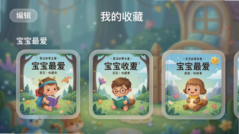 主体:童话故事全集“我的收藏”页面,布局:横向滑动式收藏夹卡片,每个卡片显示故事名和封面小图,左上角有“编辑”按钮,风格:毛玻璃背景,卡片圆角,细节:收藏夹名称为“宝宝最爱”,内含3个故事卡片,画质:清晰通透,无冗余元素