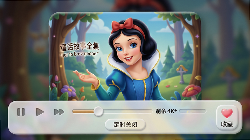 主体:童话故事全集的播放界面,布局:中央显示故事封面大图,下方播放控制条(暂停/播放、上一首、下一首、进度条),底部有“定时关闭”按钮和“收藏”心形图标,风格:拟态UI,光影柔和,细节:封面图为“白雪公主”插画,进度条上显示剩余时间,画质:4K质感,干净整洁