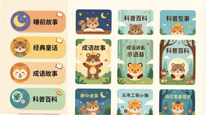 主体:童话故事全集的故事分类页面,布局:左侧竖排分类列表“睡前故事”“经典童话”“成语故事”“科普百科”,右侧对应展示该分类下的故事封面缩略图,风格:扁平化设计,图标可爱,细节:每个分类图标带有小动物或童话元素,画质:高分辨率,色调温暖,干净无多余元素