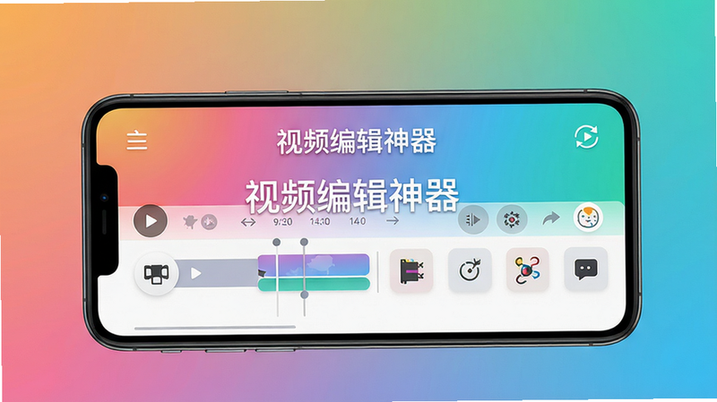 画面中央是一部手机,屏幕上显示“视频编辑神器”应用主界面,背景为渐变色,界面布局清晰,包含时间线、剪辑按钮、特效图标等元素,整体风格简洁现代,画质高清,细节丰富,干净无多余元素,文字标注“视频编辑神器”