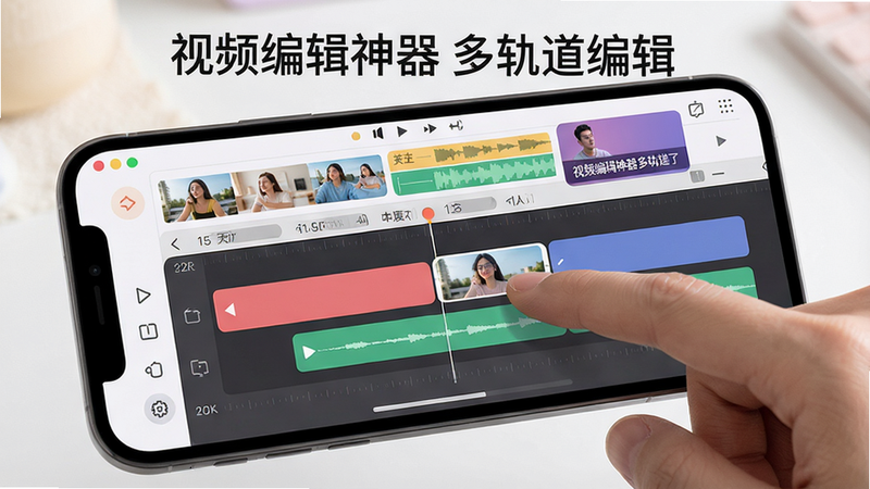 手机屏幕展示多轨道编辑界面,顶部有视频轨道、音频轨道和字幕轨道,时间线上有多个彩色片段,用户手指正在拖动一个片段,界面色彩柔和,UI元素清晰,画质高清,干净简洁,文字标注“视频编辑神器多轨道编辑”