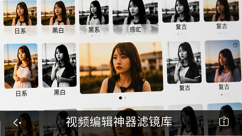手机屏幕显示滤镜选择界面,缩略图排布整齐,中心视频预览图应用了暖色调滤镜,周围有各种滤镜名称如“日系”、“黑白”、“复古”,界面设计美观,画质高清,干净,文字标注“视频编辑神器滤镜库”