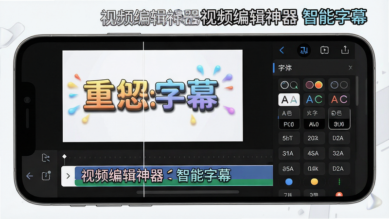 手机屏幕展示字幕编辑界面,视频下方有字幕轨道,字幕文本带有阴影和动画效果,旁边有字体样式选择面板,界面简洁,画质高清,干净,文字标注“视频编辑神器智能字幕”