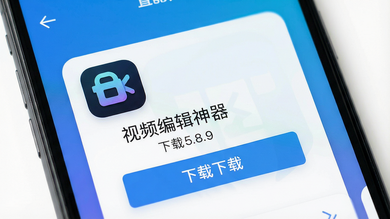 手机屏幕显示“视频编辑神器”下载页面,包含应用图标、下载按钮和版本号5.8.9,背景为科技蓝色渐变,布局简洁,画质高清,干净无多余元素,文字标注“视频编辑神器下载”