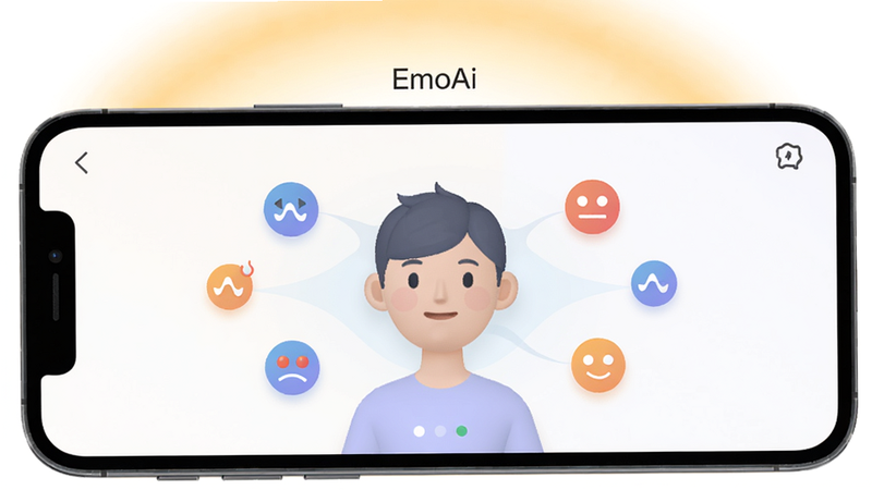 EmoAI����������Ԥ�����ֻ���Ļ����ʾ������з������棬���ɫ������������ů�Ĺ��Σ�����һ��������������΢Ц����Χ����������ͼ�꣬���ּ�࣬�ִ���ƽ����񣬸��廭�ʣ��ɾ��޶���Ԫ�ء�