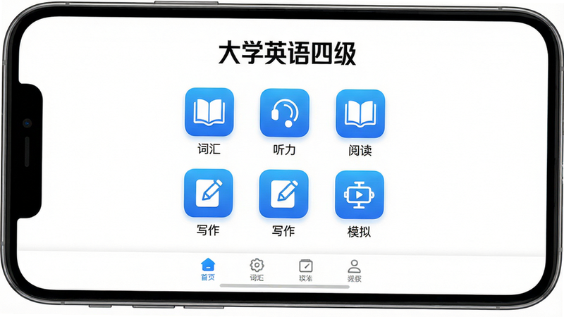 ���壺��ѧӢ���ļ�APP�����棬�ֻ���Ļ������ʾ�������С���ѧӢ���ļ������⣬�·����С��ʻ㡱���������������Ķ�������д��������ģ�⡱���ͼ�꣬ͼ��Ϊ��ɫ���䣬����Ϊ��ɫ���ײ��е����������������ִ������ʸ��壬�ɾ��޶���Ԫ�ء�