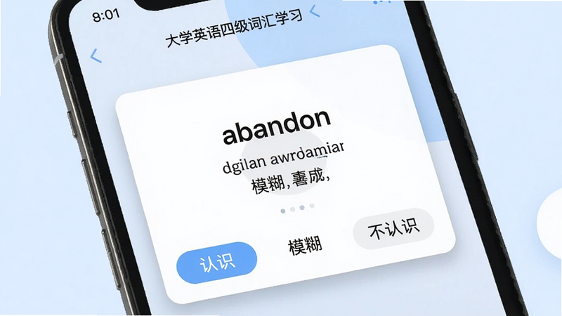 ���壺��ѧӢ���ļ��ʻ�ѧϰ���棬�ֻ���Ļ��ʾ���ʿ�Ƭģʽ�����浥�ʡ�abandon�����У��·���������������壬�ײ��С���ʶ����ģ����������ʶ��������ť����Ƭ��Ӱ��ͣ����������������ˬ������������