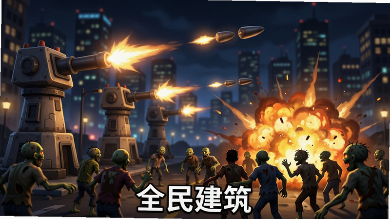 战斗场景,多座防御塔同时发射炮弹,丧尸群被击中爆炸,火光四溅,夜晚氛围,城市背景有灯光闪烁,动态效果明显,风格写实卡通,画质细腻,底部居中显示“全民建筑”文字。
