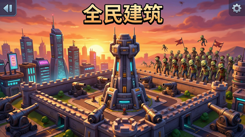 游戏主界面,一座繁华的科技城市,中心有巨型防御塔,四周有城墙和炮台,远处是成群丧尸正在逼近,天空呈现晚霞色调,整体采用卡通写实风格,色彩丰富饱满,细节精致,画面干净无多余元素,顶部居中显示“全民建筑”文字。