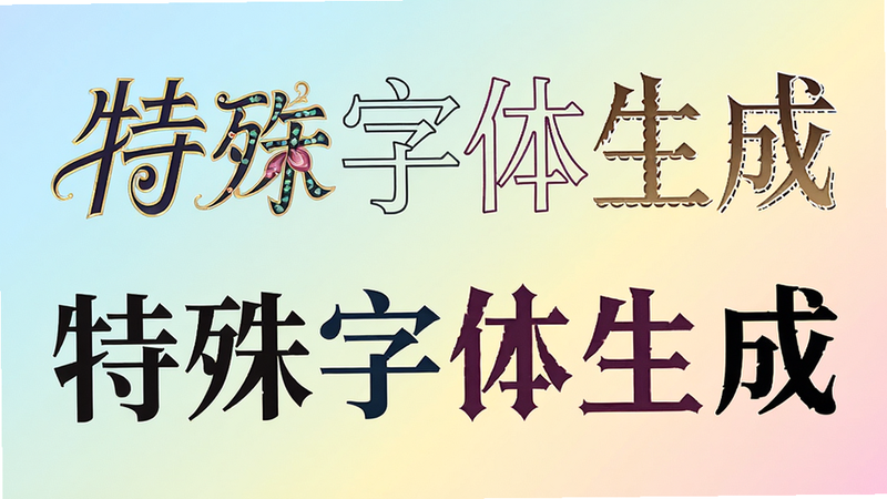 展示一排不同风格的字体样张,从花体、空心到哥特,每个字体用不同颜色显示