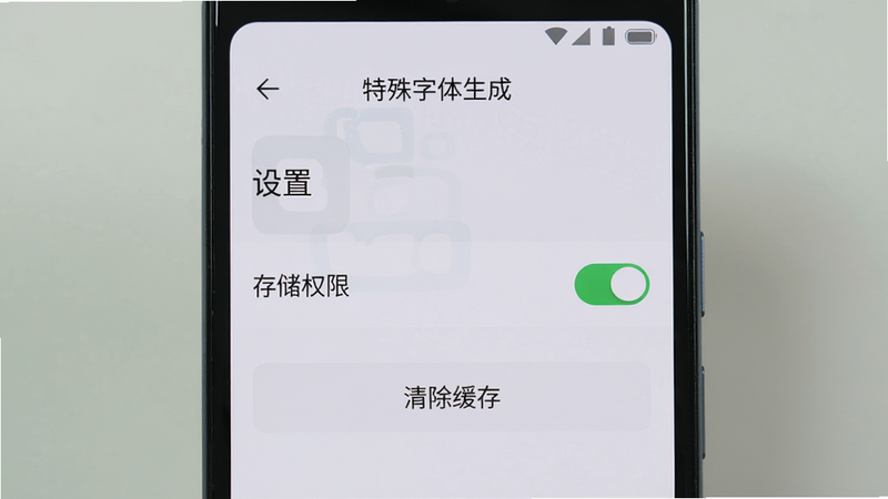 一部安卓手机处于竖屏模式,屏幕展示“特殊字体生成”的“设置”页面,其中“存储权限”开关已打开,下方有“清除缓存”按钮,界面简洁清晰,画质干净。