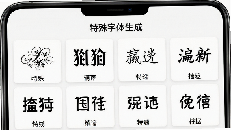 一张高清手机截图,展示'特殊字体生成'应用主界面,布局居中,上方显示应用名称'特殊字体生成',下方网格排列多种字体样式预览,包括花体、哥特体、手写体等,每个样式下方有字体名称标签,背景为纯白色,无多余元素,画质细腻,风格现代简洁。