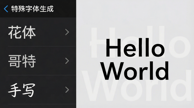 一张手机截图,展示'特殊字体生成'的字体选择界面,左侧列表显示字体分类如'花体''哥特''手写',右侧预览区显示当前选中字体的示例文字'Hello World',背景浅灰色,字体样式清晰可辨,排版整齐,画质高清,风格简约。