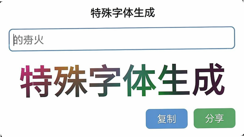 一张手机截图,展示'特殊字体生成'的生成界面,输入框位于顶部,下方显示生成后的特效文字,旁边有'复制'和'分享'按钮,整体布局整洁,操作直观,背景白色,画质清晰。