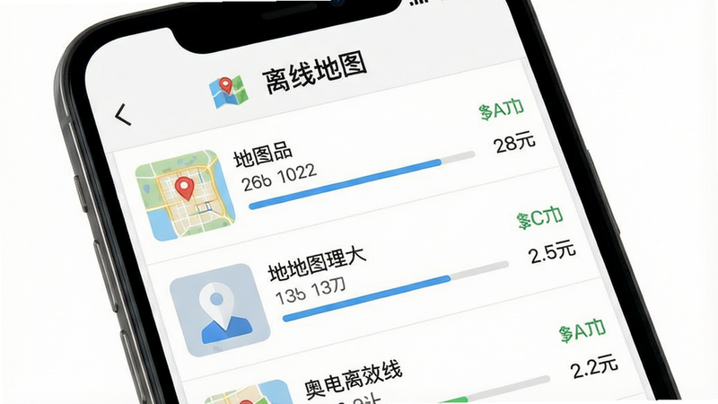 主体:奥维地图离线下载界面,布局:手机屏幕展示下载列表,每个项目有进度条和状态,风格:简洁扁平,细节:列表项有地图名称和大小,画质:高清,背景白色,干净,文字:“离线地图”标题在顶部