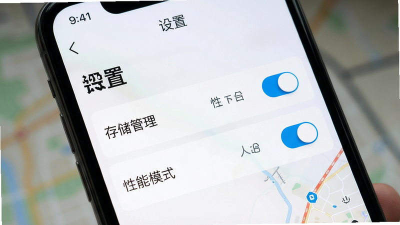 主体:手机屏幕显示奥维地图设置界面,突出“存储管理”和“性能模式”选项,布局:列表形式,风格:简洁UI,细节:选项后有开关按钮,画质:高清,干净,文字:“设置”标题