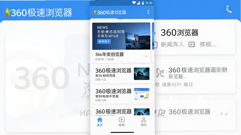 360极速浏览器手机app主界面,顶部显示'360极速浏览器'品牌文字,中间为新闻资讯卡片流,底部有首页、视频、我的等导航按钮,整体采用蓝白配色,Material Design风格,界面干净,图标清晰,画质高清,无多余元素