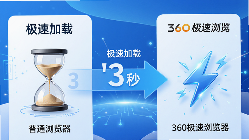 360极速浏览器加载速度对比示意图,左侧普通浏览器加载缓慢显示沙漏,右侧360极速浏览器瞬时完成显示闪电图标,中间有箭头和数字'3秒',背景简洁,蓝白配色,科技感风格,画质清晰,文字标注'极速加载'和'360极速浏览器'