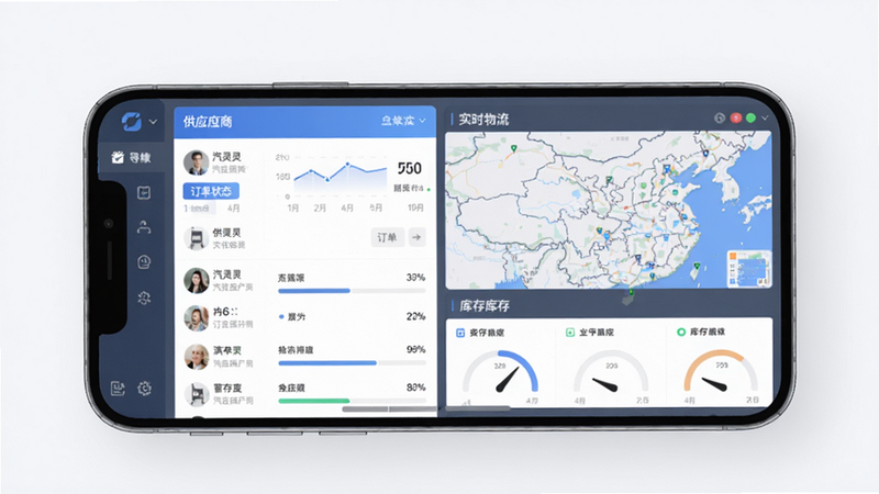 汽灵灵供应链协同管理界面预览图,主体为手机屏幕,左侧显示供应商列表与订单状态,右侧为实时物流地图与库存仪表盘,布局左右分栏,风格为信息可视化,蓝灰配色,细节包含数字标签与进度条,画质干净简洁。