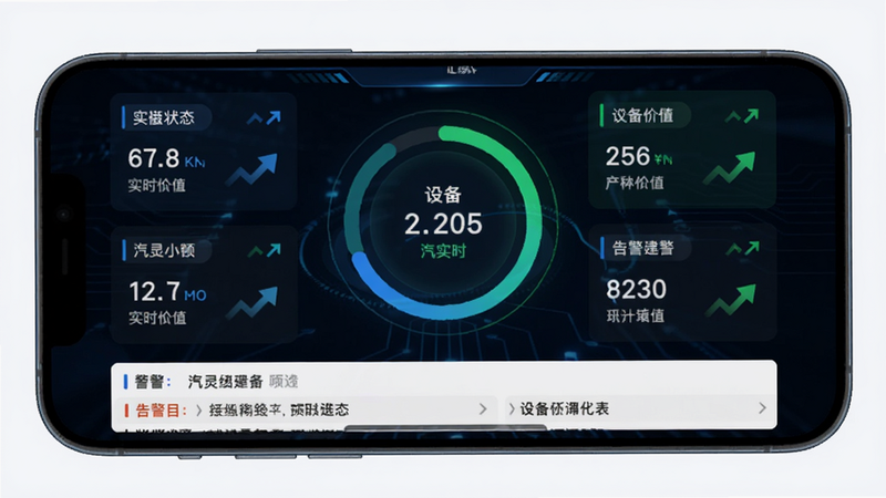 汽灵灵设备监控仪表盘预览图,主体为手机屏幕,背景为深色科技感,中央是设备状态环形图,周围分布关键参数卡片,底部为告警列表,风格为数据可视化,蓝色与绿色高亮,细节包含实时数值与趋势箭头,画质精细干净。