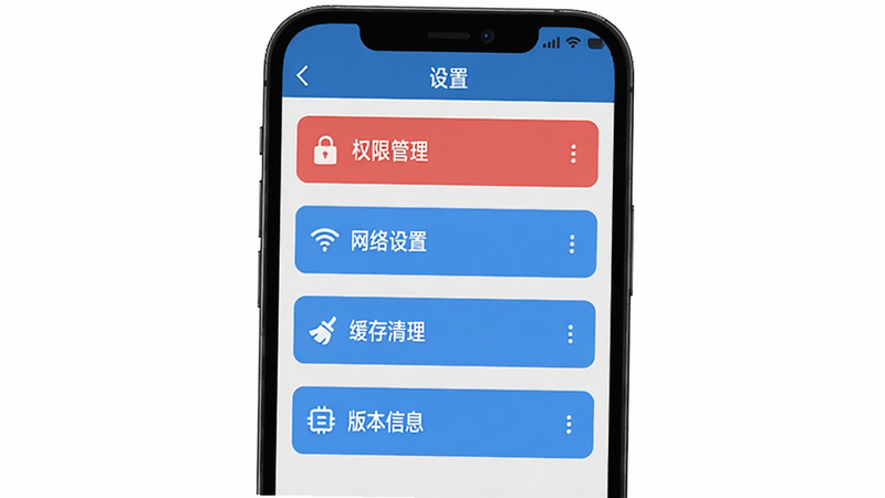 汽灵灵使用指南界面预览,主体为手机屏幕呈现APP设置页面,布局从上到下依次是“权限管理”“网络设置”“缓存清理”“版本信息”,风格为扁平化列表,红蓝高亮标注关键项,画质干净无多余元素。
