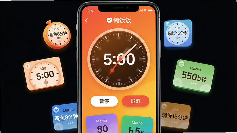 ���壺����App�ļ�ʱ�����棬һ��Բ�ε���ʱ���̣���ʾʣ��ʱ�䡰5:00���������·��С���ͣ���͡�ȡ������ť����ΧƯ���ż���С��ʱ�����硰����8���ӡ������˷�15���ӡ��������֣��ֻ���Ļȫ����ʾ������Ϊ����ɫ���Ȼƹ��ɣ����Ű棺����ʱ�����У�������ʱ���Կ�Ƭ��ʽ�����ڵײ�������ִ������У���������������ϸ�ڣ���ʱ��ָ����ת����С��Ƭ�в�ͬ��ɫ���֡����ʣ������壬�޶���Ԫ�ء�