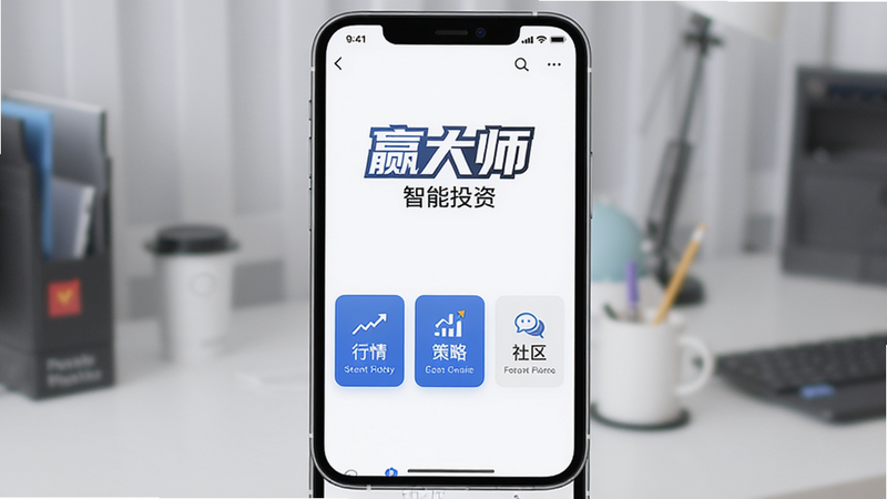 展示赢大师的界面全貌,主体为手机屏幕截图,布局居中,上方显示“赢大师”logo及“智能投资”字样,下方分列“行情”、“策略”、“社区”三大模块,风格简洁现代,细节清晰,画质干净,无多余元素。