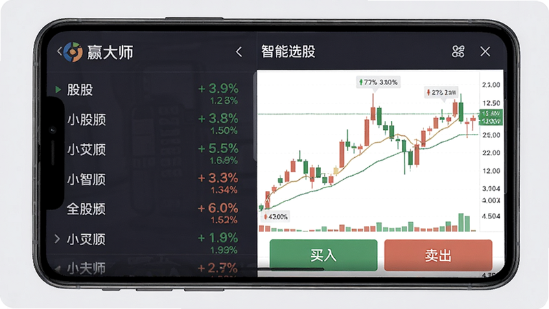 赢大师的智能选股页面,主体为手机屏幕,左侧列出股票名称和涨跌幅,右侧展示K线图,底部有“买入”和“卖出”按钮,风格清晰,画质细腻,无多余元素。