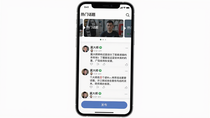 赢大师的社区页面,主体为手机屏幕,顶部显示“热门话题”轮播,中部为帖子列表(包含头像、昵称、内容摘要),底部有“发布”按钮,风格社交化,干净无广告。
