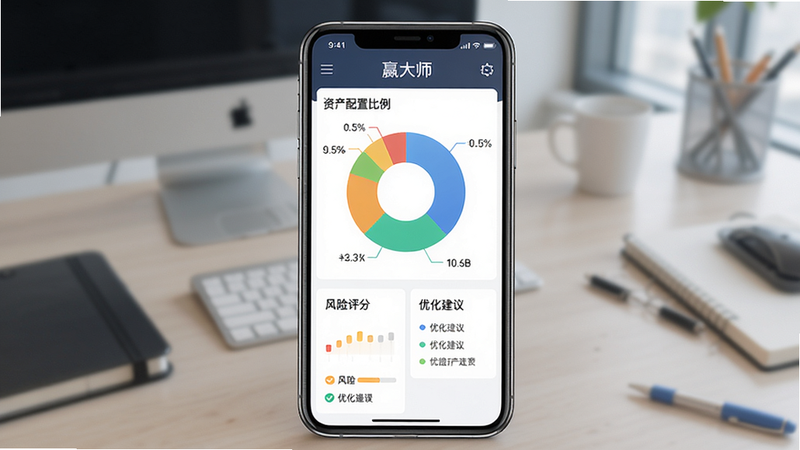 赢大师的风险评估界面,主体为手机屏幕,显示饼图资产配置比例,下方有“风险评分”和“优化建议”区域,风格专业,布局整齐,画质清晰。