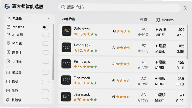 Ӯ��ʦ����ѡ�ɽ��棬���ɸѡ�������г�ָ��ѡ��Ҳ��б�չʾɸѡ�����ÿֻ��Ʊ����AI�����Ǽ���ؼ����ݣ�����������������������ƣ�����Ϊǳ��ɫ��Ƭʽ���֣��������רҵ����������