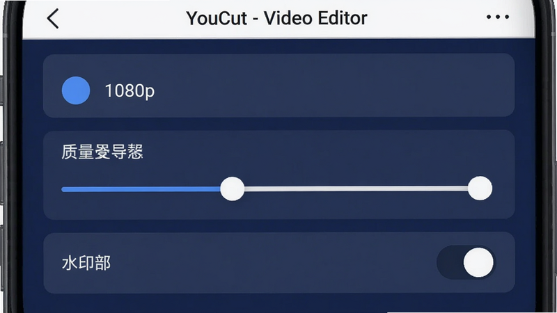 主体:YouCut - Video Editor 在手机上运行界面,展示导出设置;布局:从上到下依次为分辨率选项、质量滑杆、水印开关;排版:选项为单选按钮形式,清晰排列;风格:现代简洁,背景为深蓝色;细节:选中“1080p”,水印开关关闭;画质:干净无多余元素。