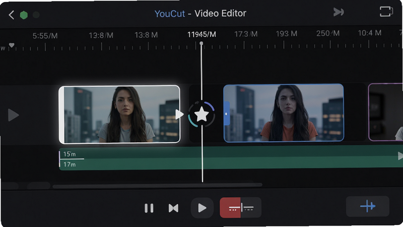 主体:YouCut - Video Editor 剪辑界面;布局:显示时间线标尺,两个视频片段中间有转场图标,下方有播放控制和分割按钮;排版:标尺刻度清晰,时间显示精确到毫秒;风格:简洁科技感,背景深色,轨道以彩色区分;细节:被裁剪的片段呈高亮,转场图标为星形;画质:干净无多余元素,凸显剪辑精准度。