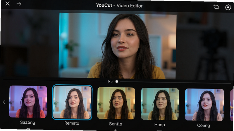 主体:YouCut - Video Editor 滤镜选择界面;布局:上方为视频预览区域,下方横向排列多个滤镜缩略图;排版:缩略图均匀分布,每个下方有滤镜名称;风格:色彩丰富,滤镜效果直观展示在缩略图上;细节:选中的滤镜有边框高亮,视频预览同步变化;画质:高清晰度,无多余文字干扰。