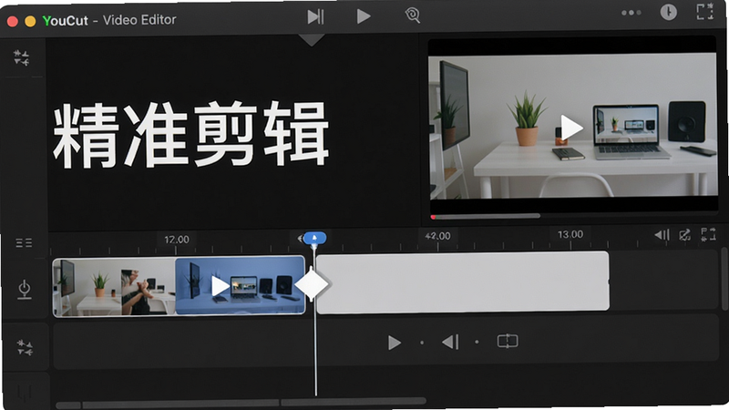 生图提示词:YouCut - Video Editor 裁剪合并功能界面,时间轴上显示两个视频片段,中间有拼接箭头标记,预览窗口正在播放合并后的视频,背景干净,细节清晰,画质高,无多余元素,文字标注\