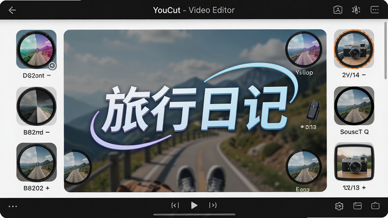 生图提示词:YouCut - Video Editor 特效字幕界面,视频画面上叠加了\