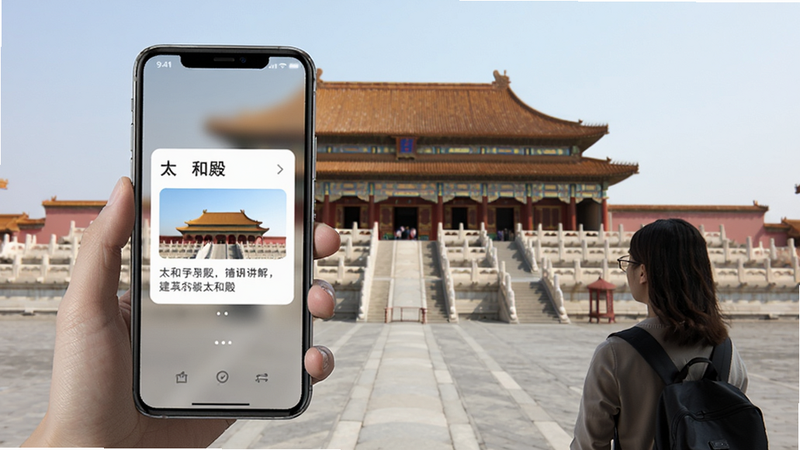 故宫博物院讲解手机电子导游 自动感应讲解功能示意图,一个游客站在太和殿前,手机屏幕上弹出“太和殿”讲解卡片,界面简洁,背景是故宫实景,风格写实,画质清晰。