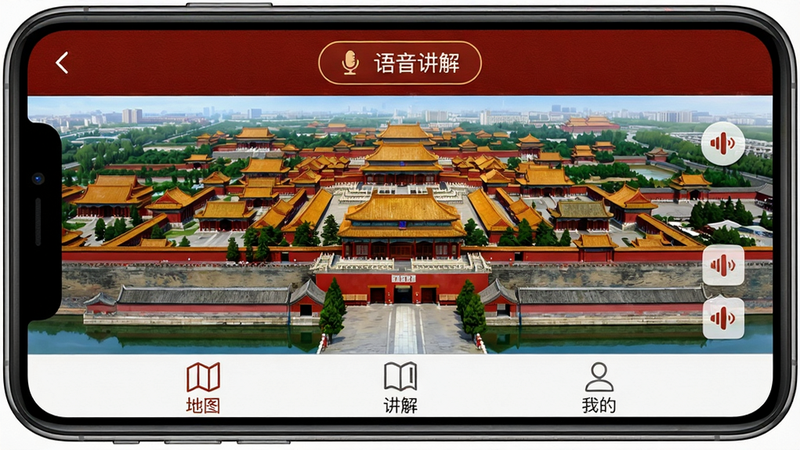 故宫博物院讲解手机电子导游 App主界面截图,显示故宫全景地图,顶部有“语音讲解”按钮,底部导航栏包含“地图”“讲解”“我的”等标签,整体风格为红墙金瓦的中国传统配色,高清细腻,画面干净无多余元素。