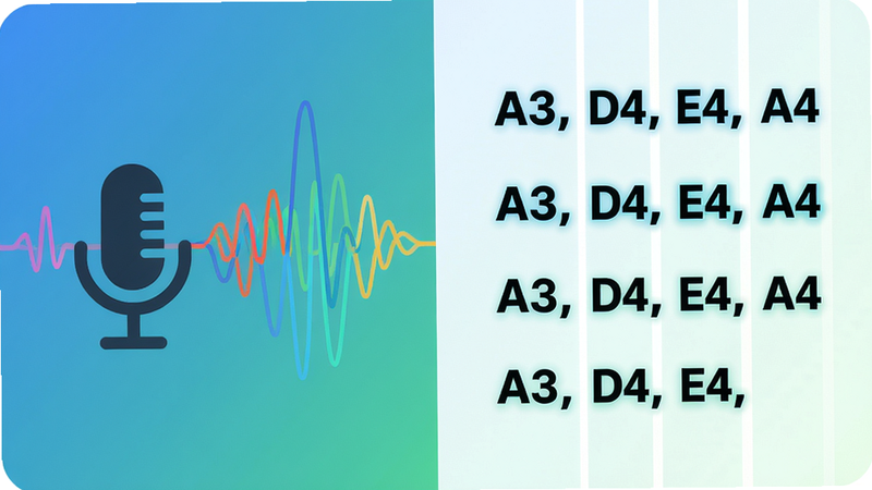 主体:手机麦克风图标与声波波形动画,旁边显示琵琶四弦“A3、D4、E4、A4”的频率数值。布局:左半部分为波形图,右半部分为频率数字列表。风格:扁平化UI设计,蓝绿渐变配色。细节:波形以彩色线条显示,频率数字加粗高亮。画质:高清,无多余元素。