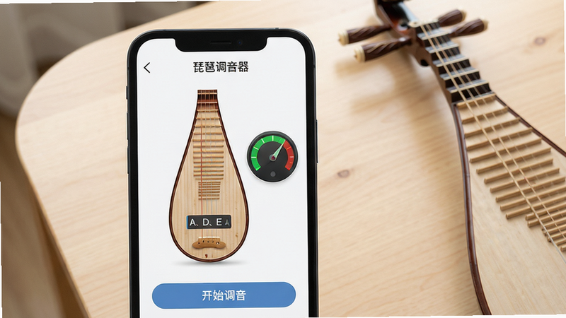 主体:一部智能手机屏幕显示琵琶调音器App界面,界面中央有一把琵琶的俯视图,四根弦分别标注“A、D、E、A”音名,旁边有指针式音准指示器指向绿色区域。布局:手机居中,背景为浅色木质桌面,右侧放着一把真实琵琶。排版:手机屏幕内UI简洁,顶部有“琵琶调音器”标题,下方有“开始调音”按钮。风格:写实摄影风格,光线柔和,细节清晰。画质:4K超清,干净无多余元素。
